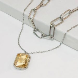 Collar 2 lienzos acero inoxidable piedra ambar