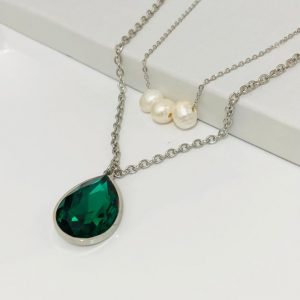 Collar 2 lienzos  acero inoxidable gota verde
