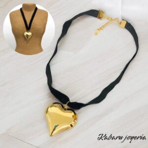 Chocker negro corazon dorado acero inoxidable