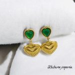 Pendientes dorados acero inoxidable corazon piedra verde