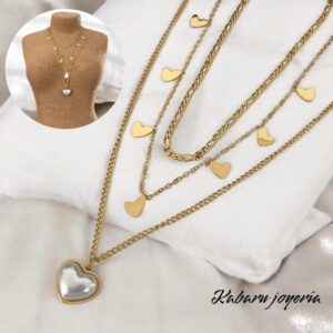 Collar 3 lienzos dorado acero inoxidable corazones