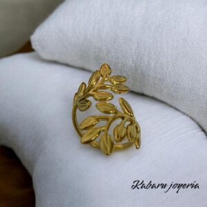 Anillo ajustable dorado acero inoxidable hojas