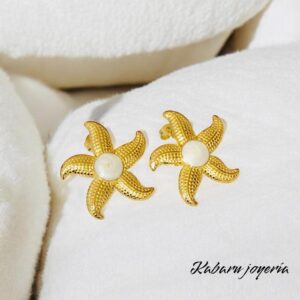 Pendientes dorados acero inoxidable estrella mar perla
