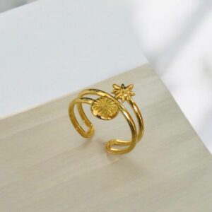 Anillo dorado ajustable acero inoxidable estrella y sol
